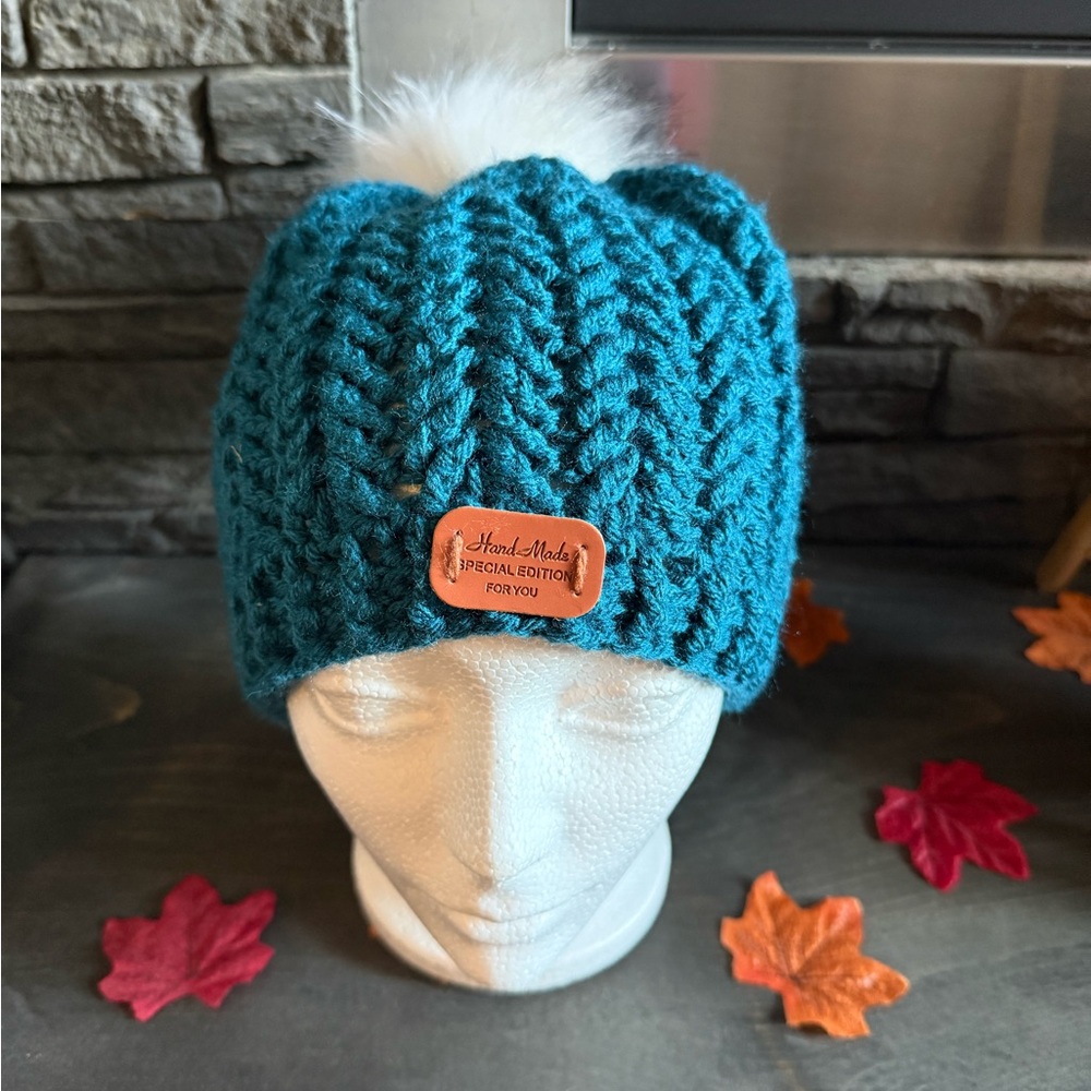 Handmade Teal Knit Beanie with White Pom Pom